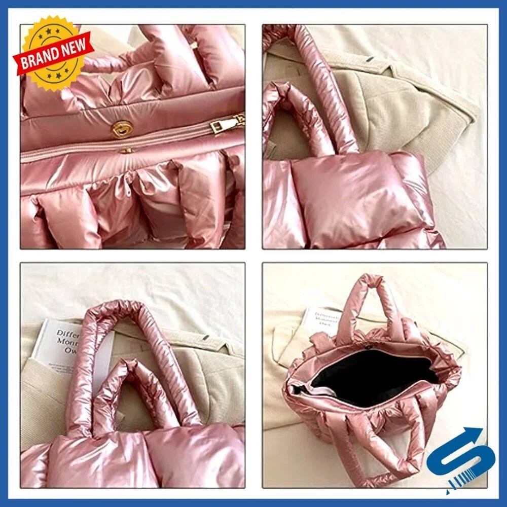 Large Padded Puffer Tote Bag with Lattice Design, Shoulder Strap